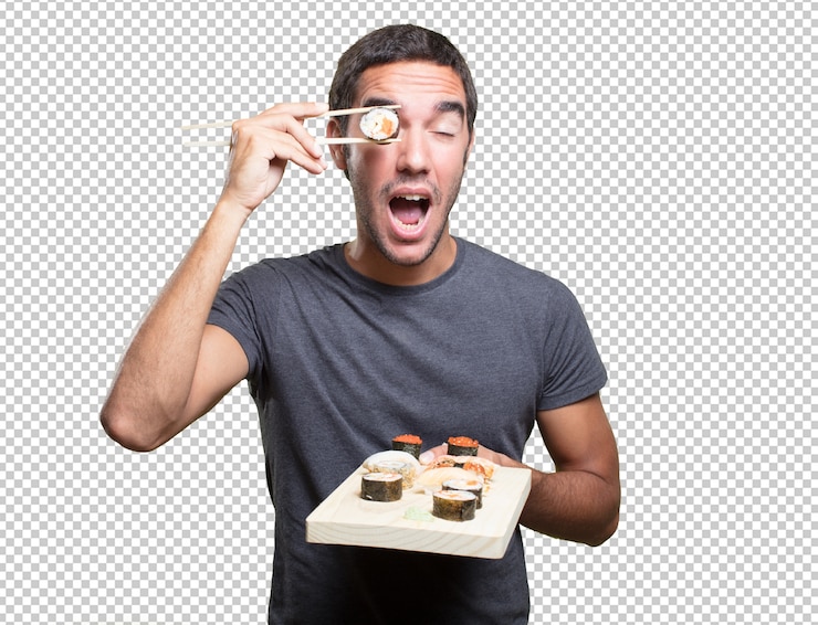 PSD hombre joven comiendo sushi