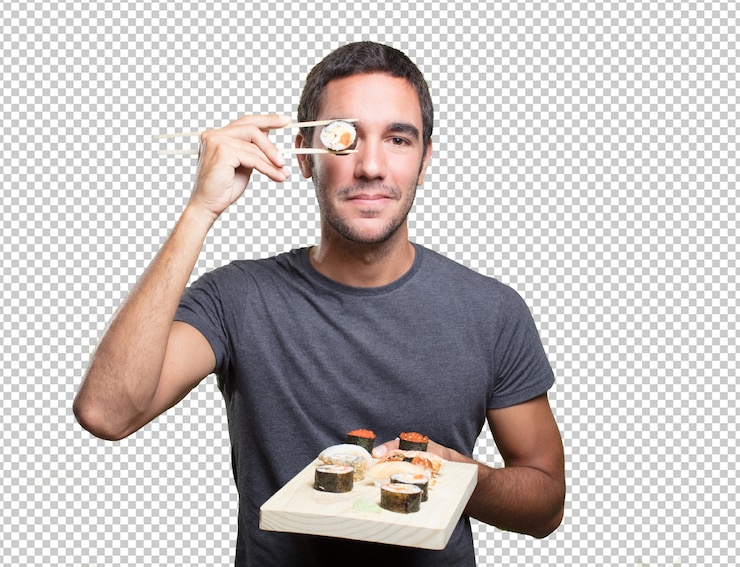 PSD hombre joven comiendo sushi
