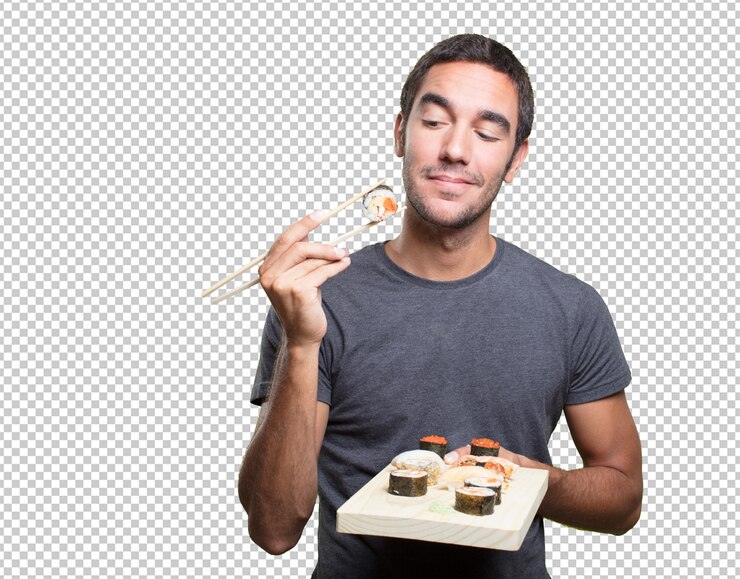PSD hombre joven comiendo sushi
