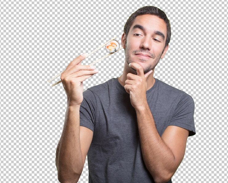 PSD hombre joven comiendo sushi