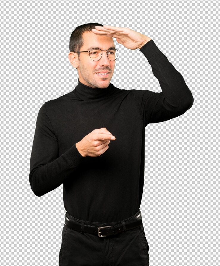 PSD hombre joven feliz con un gesto de apartar la mirada