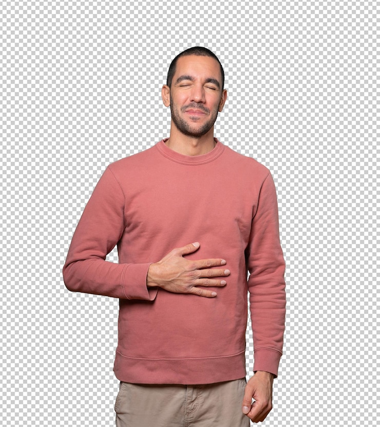 PSD hombre joven feliz pensando en comida