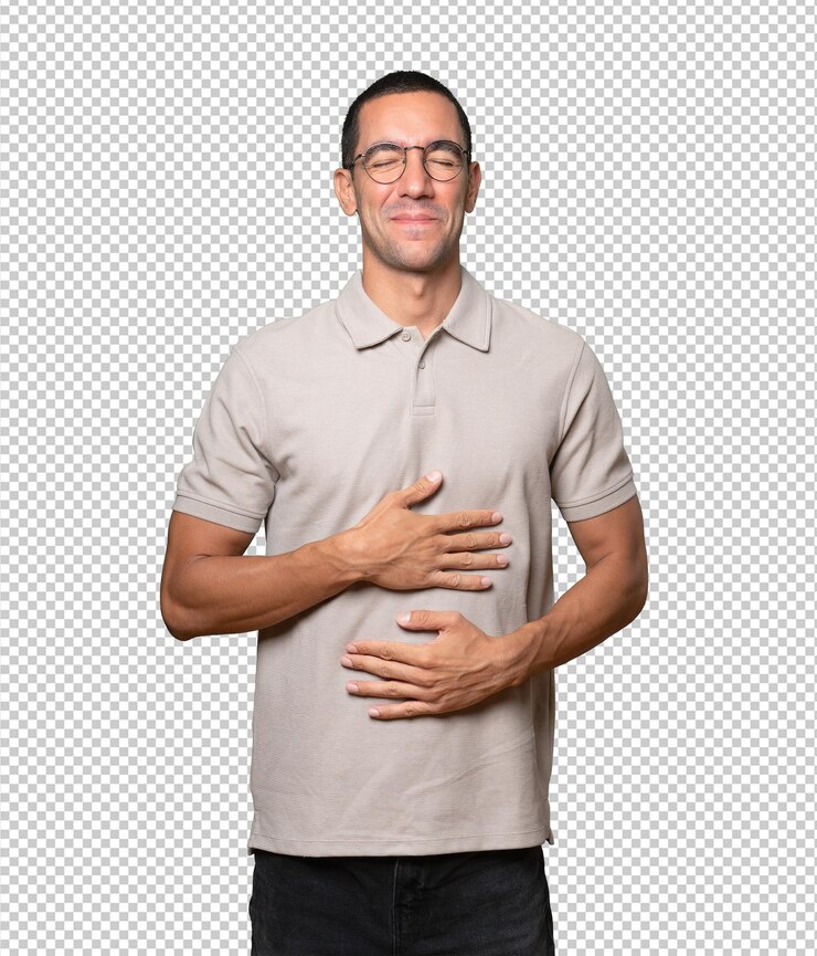 PSD hombre joven feliz pensando en comida