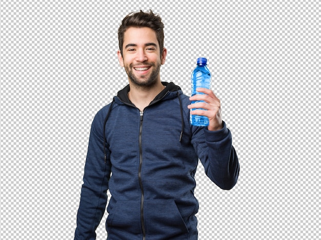PSD hombre joven feliz que sostiene una botella de agua