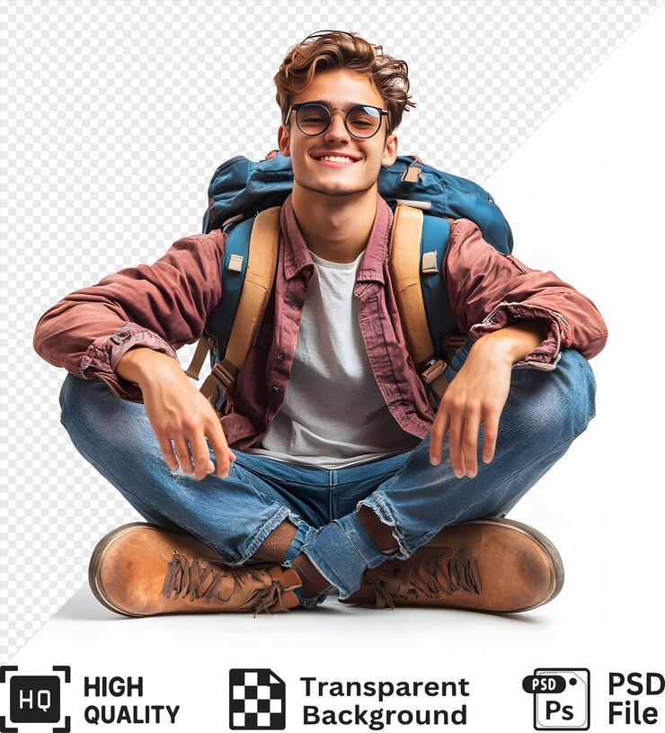 PSD hombre joven con gafas de sol y sentado con las piernas cruzadas con una mochila en un fondo blanco aislado en un fondo transparente