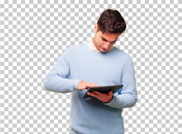 PSD hombre joven guapo con una tableta de pantalla táctil