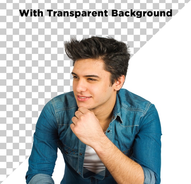 Hombre joven posando con chaqueta de denim o azul PNG PSD aislado en fondo transparente
