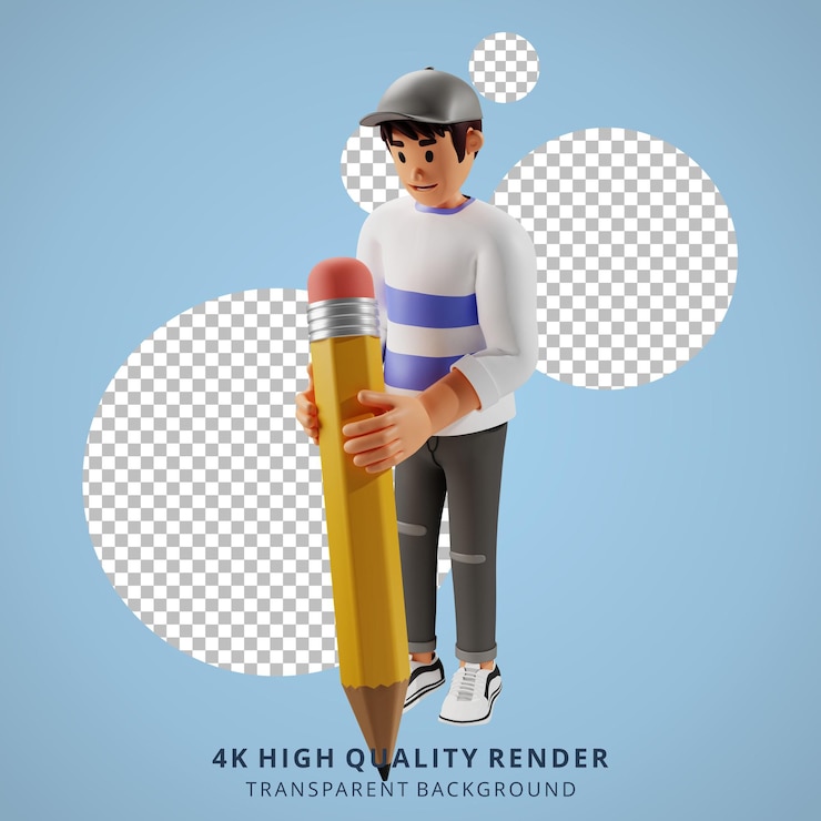 PSD hombre joven con sombrero sosteniendo un lápiz gigante ilustración de personaje 3d