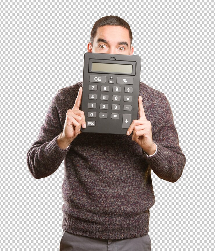 PSD hombre joven sorprendido que sostiene una calculadora
