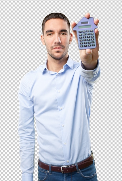 PSD hombre joven usando una calculadora