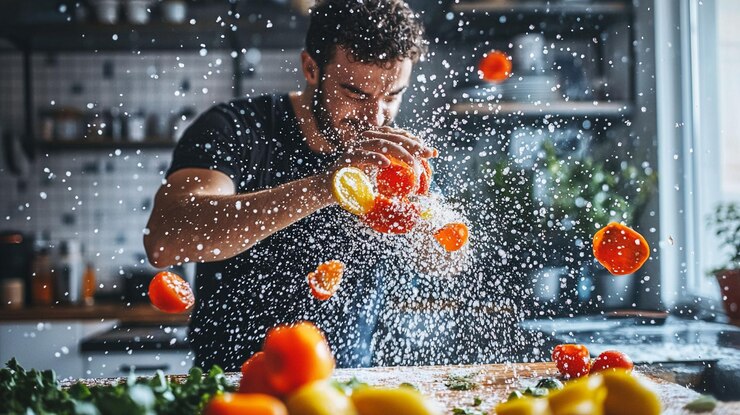 PSD hombre jugando lanzando tomates y limones en la cocina salpicando agua