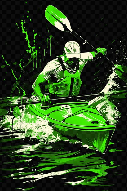 Un hombre en un kayak con una camisa verde y un casco blanco