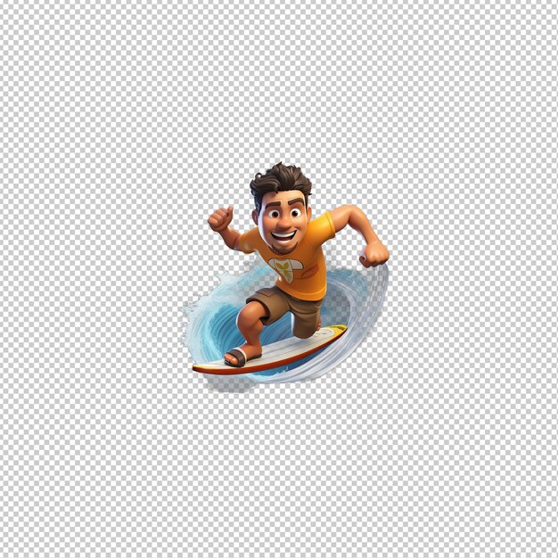 PSD hombre latino surfeando en 3d estilo de dibujos animados fondo transparente isola