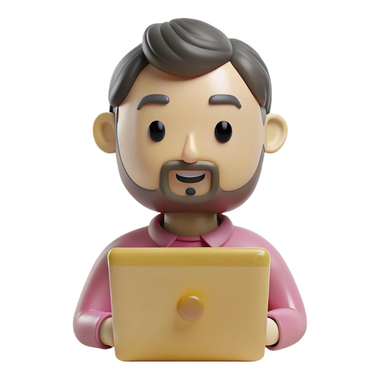 PSD un hombre de lego con una computadora portátil en su regazo está sosteniendo una computadora portable amarilla