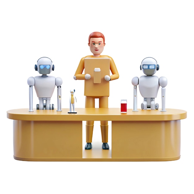 un hombre de Lego está de pie en una mesa con tres robots en ella
