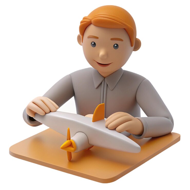PSD un hombre de lego está sentado en una mesa con un avión modelo