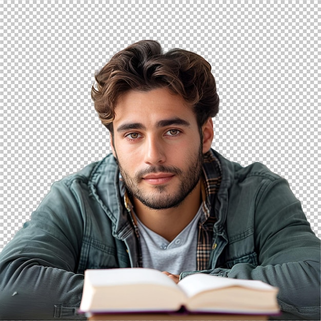 PSD un hombre está leyendo un libro y está mirando a la cámara