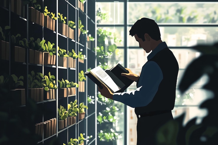 PSD hombre leyendo un libro en una oficina moderna con plantas de interior