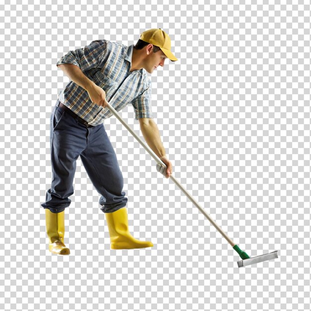 Hombre limpiando aguas profundas de inundación en un fondo transparente