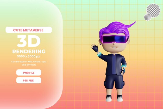 Hombre lindo 3d saludando en vr metaverse premium psd