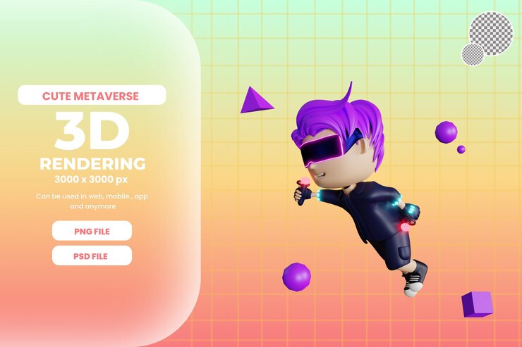 PSD hombre lindo 3d con vr metaverso ilustración premium psd