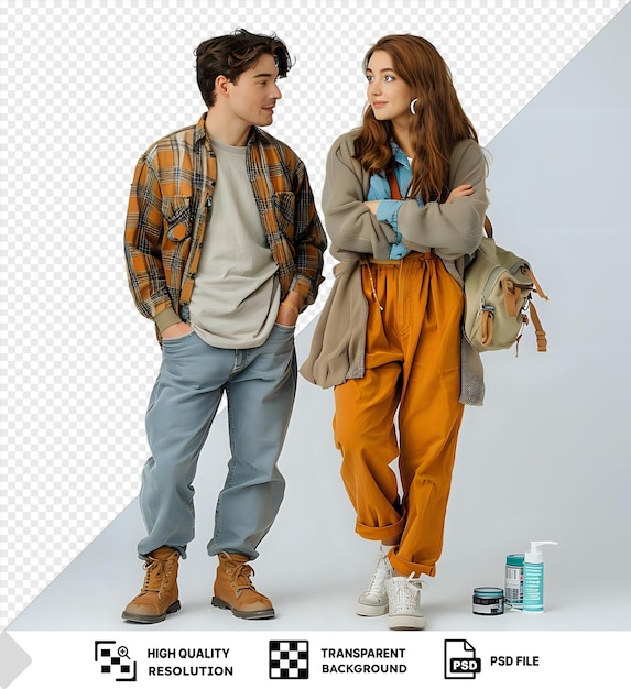 El hombre lleva una camisa gris y pantalones vaqueros azules mientras que la mujer tiene el cabello largo y marrón png psd