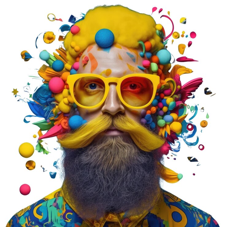 PSD hombre lleva grandes gafas pintadas con color amarillo tiene una hermosa barba aig35