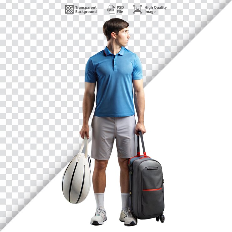 PSD hombre llevando equipaje y una pelota de baloncesto listo para viajar o un juego