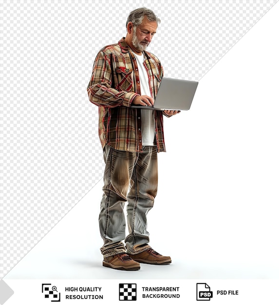 hombre maduro de buen aspecto y confianza usando una computadora portátil aislado sobre un fondo transparente