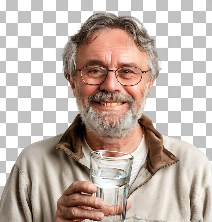 PSD hombre maduro sonriente con gafas sosteniendo un vaso de agua sobre un fondo transparente