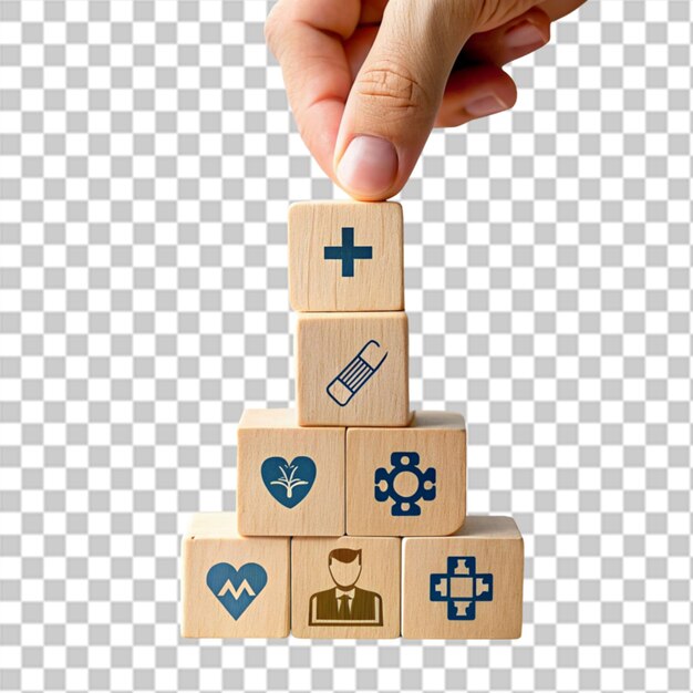 hombre de la mano y bloques de construcción con iconos médicos para la seguridad de la inversión y la cobertura de seguros de dedo