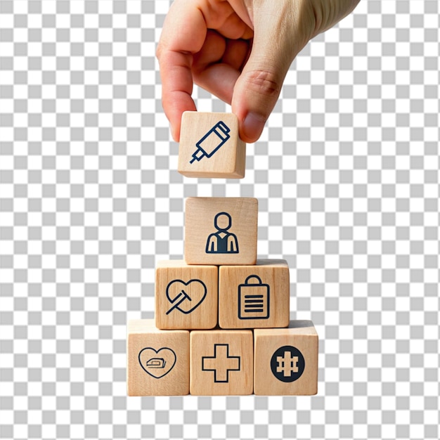 hombre de la mano y bloques de construcción con iconos médicos para la seguridad de la inversión y la cobertura de seguros de dedo