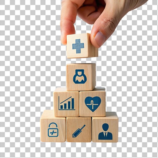hombre de la mano y bloques de construcción con iconos médicos para la seguridad de la inversión y la cobertura de seguros de dedo