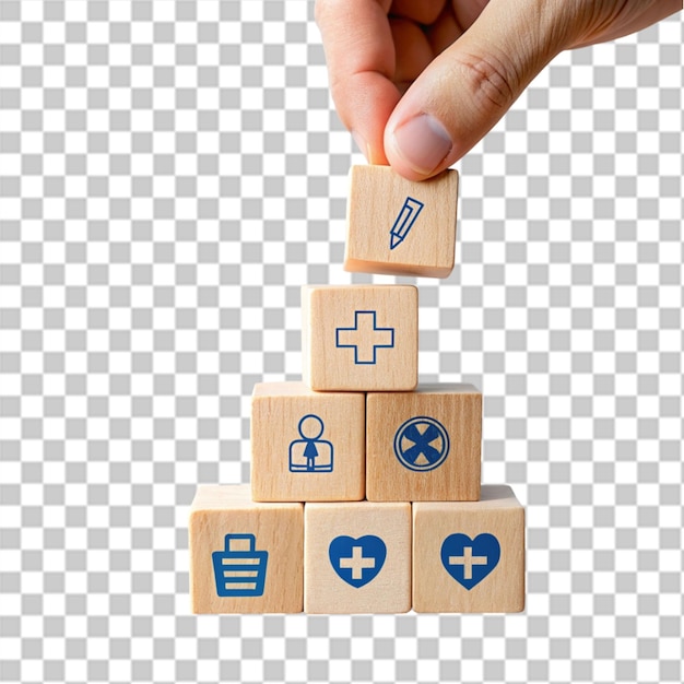 hombre de la mano y bloques de construcción con iconos médicos para la seguridad de la inversión y la cobertura de seguros de dedo