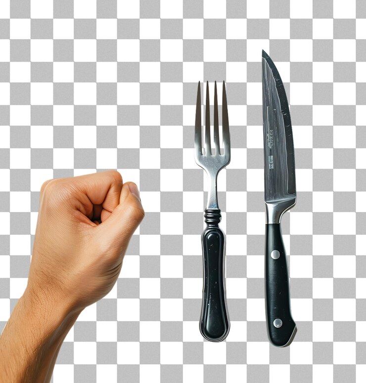 PSD hombre con la mano levantando un tenedor y un cuchillo en un fondo transparente