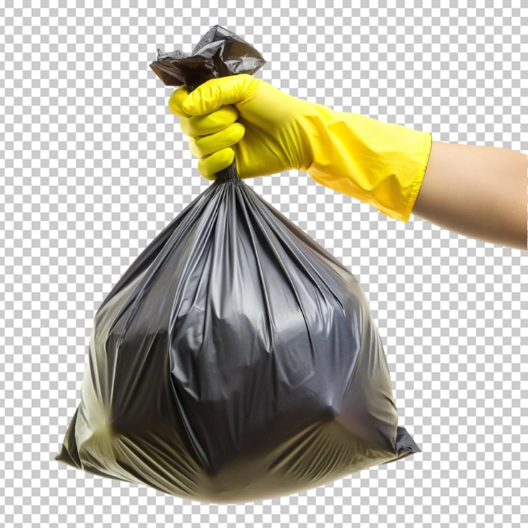 PSD hombre con la mano sosteniendo una bolsa de basura en un fondo transparente