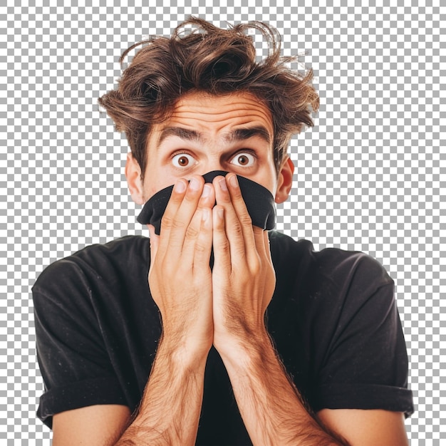 Hombre con las manos sobre la boca en un fondo transparente generado por Ai