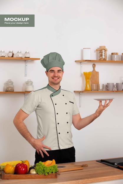 Hombre con una maqueta de chaqueta de chef