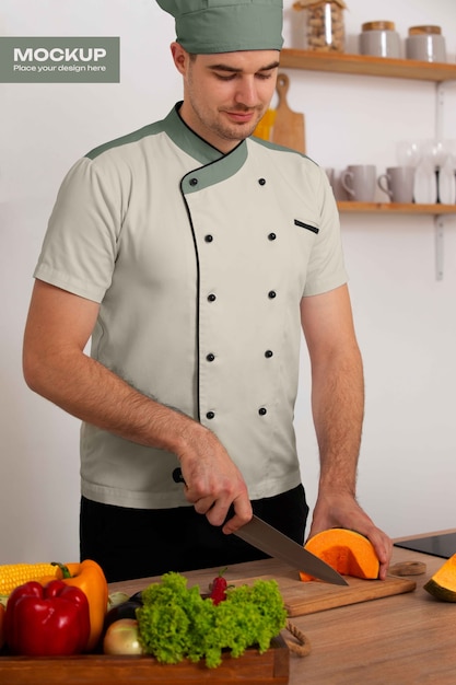 Hombre con una maqueta de chaqueta de chef