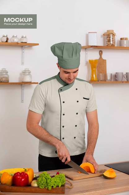 Hombre con una maqueta de chaqueta de chef