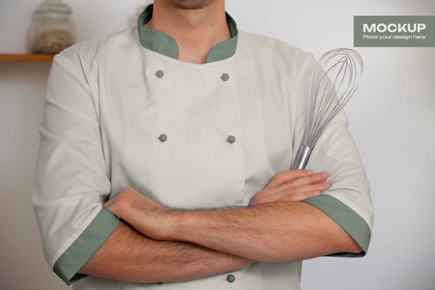 Hombre con una maqueta de chaqueta de chef