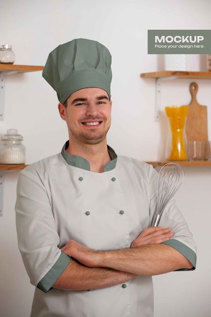 Hombre con una maqueta de chaqueta de chef