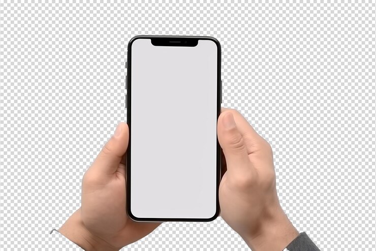 PSD un hombre con una maqueta de teléfono inteligente en blanco aislado en un fondo transparente