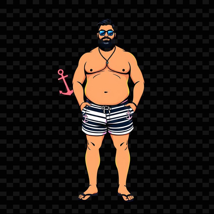 PSD hombre más grande en pantalones cortos de baño diseño de arte náutico de neón con tema marino y blanco decorado con ancho