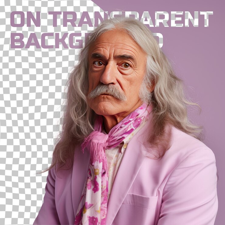 PSD hombre mayor aburrido diseñador gráfico de oriente medio de cabello largo en elegante pose de mano en el cuello con fondo de lila pastel