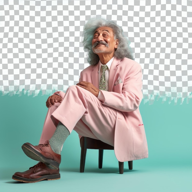 PSD un hombre mayor admirador con cabello ondulado de la etnia asiática vestido con atuendo de ingeniero posa en un estilo sentado con una pierna doblada contra un fondo pastel teal