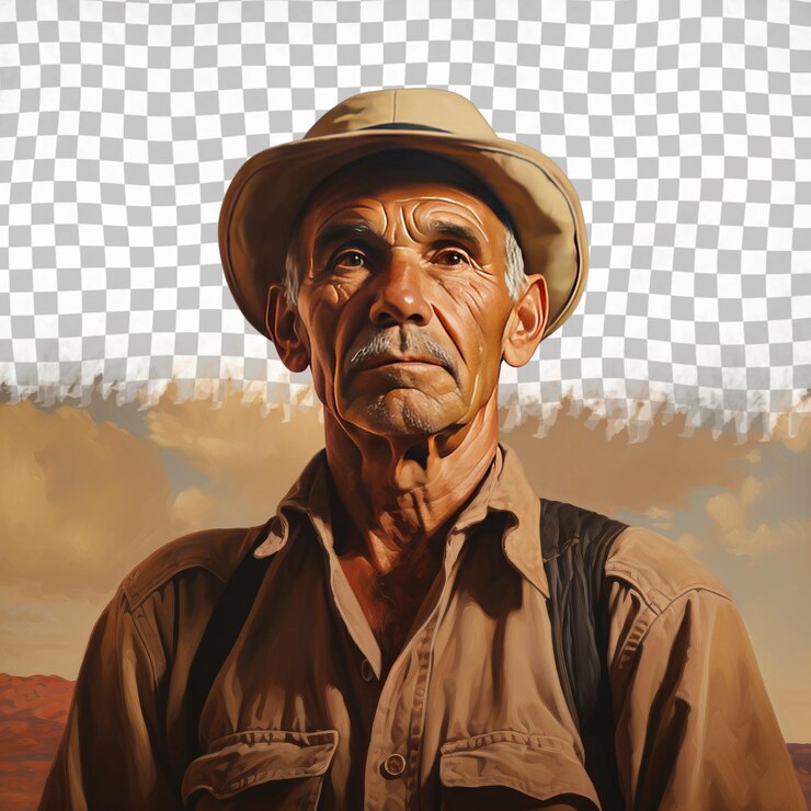 PSD un hombre mayor afligido con cabello calvo de la etnia aborigen australiana vestido con ropa de ingeniero agrícola posa en un estilo dramático de mirada hacia arriba contra un fondo beige pastel