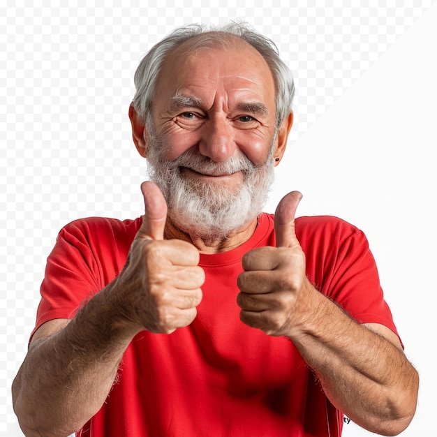 PSD hombre mayor con camiseta roja sobre fondo aislado haciendo un gesto feliz de pulgares hacia arriba con las manos