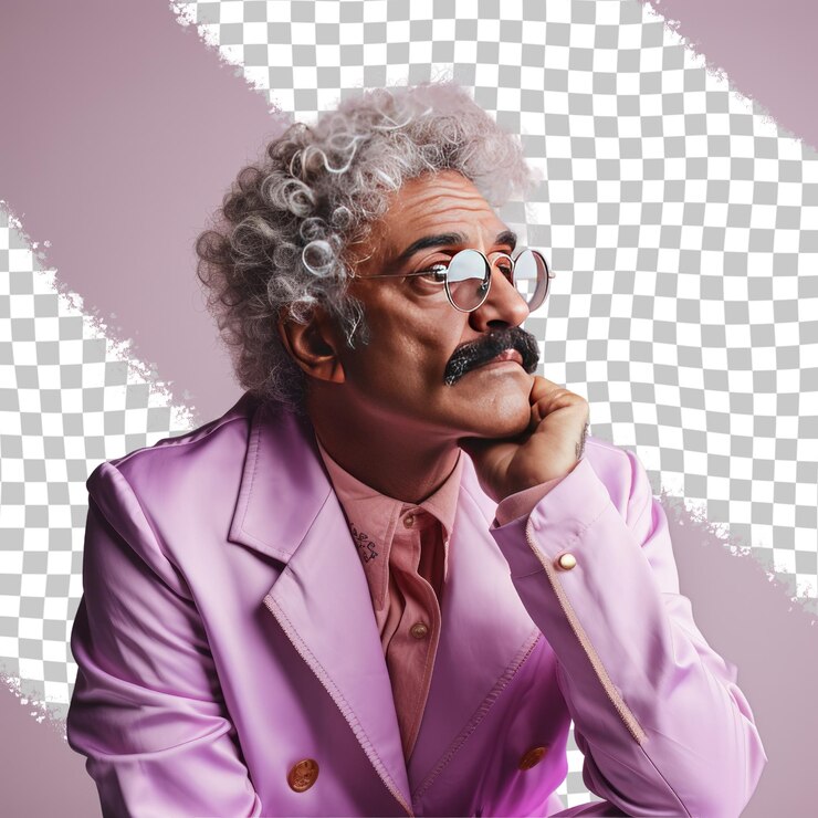 PSD un hombre mayor reacio con el cabello rizado de la etnia aborigen australiana vestido con el atuendo de disc jockey dj posa en un estilo de hand on chin thoughtful pose contra un fondo de pastel lilac