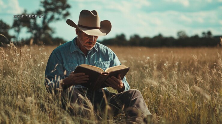 PSD hombre mayor con sombrero de vaquero lee un libro en un campo de hierba alta